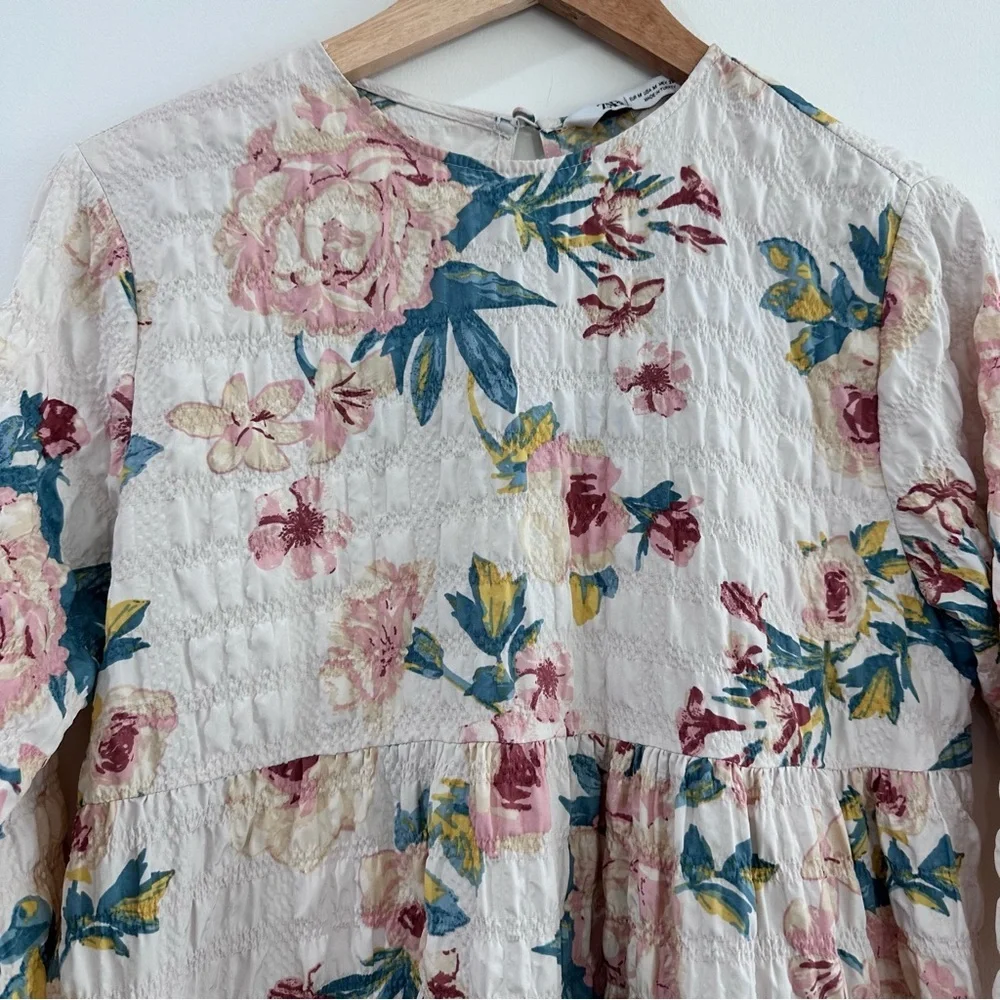 Zara Sharon 3/4 sleeve ruffle tiered floral dress multicolor pink green medium - Picture 6 of 7